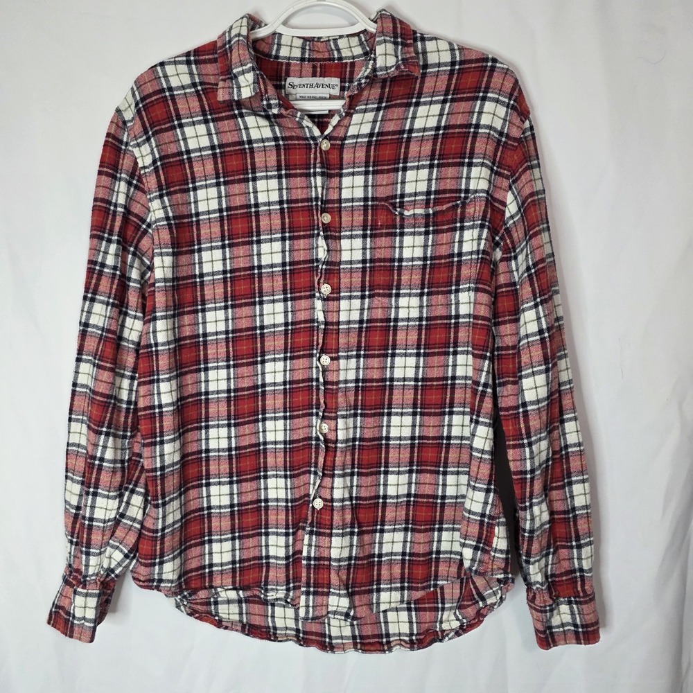 Vintage 90s Seventh Avenue Men's Flannel Shirt Large Red Plaid‎ Button Up Cotton